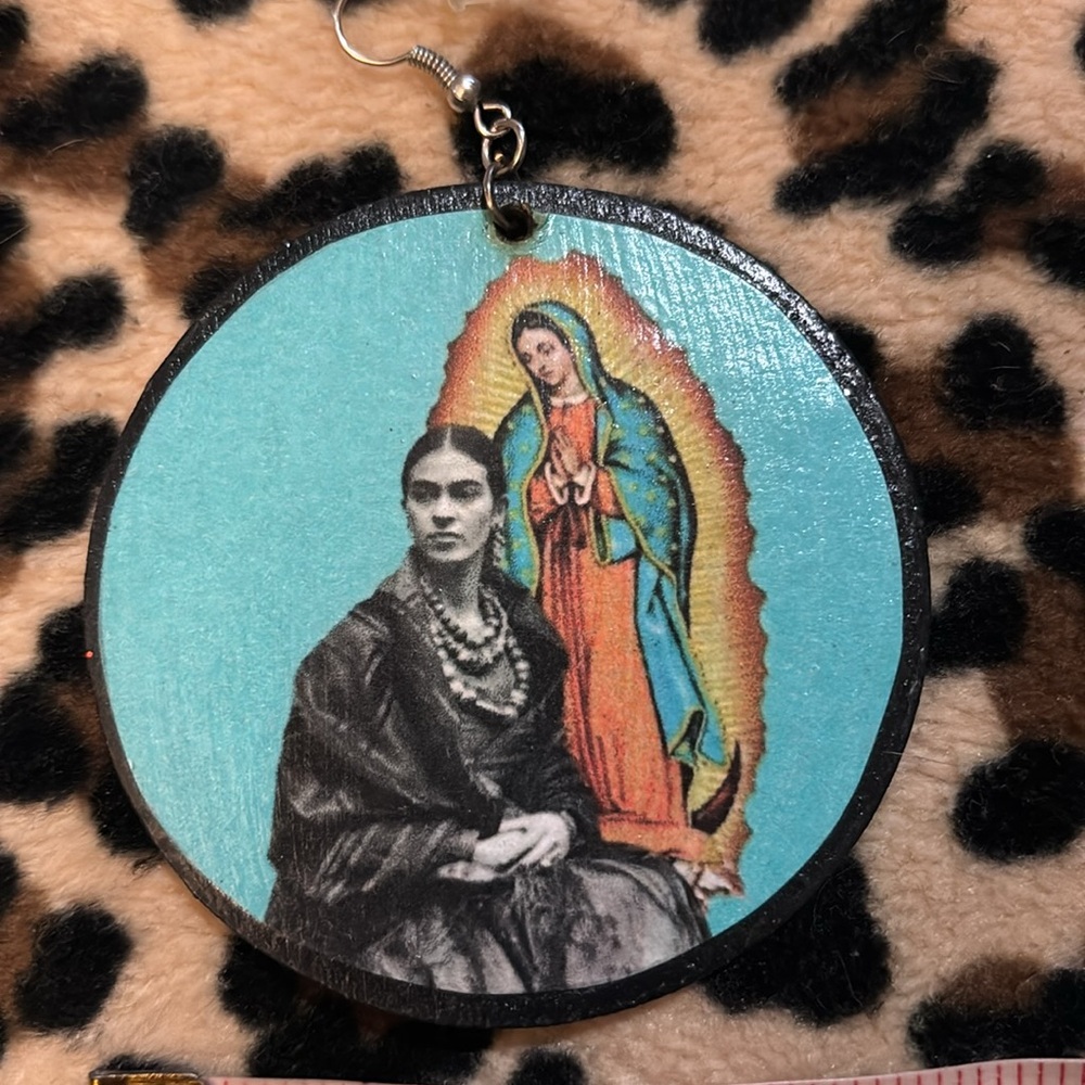 FRIDA KAHLO ♥️ Virgin Mary Wood Earrings Handmade Mexican Artist Guadalupe Icon - Picture 8 of 14